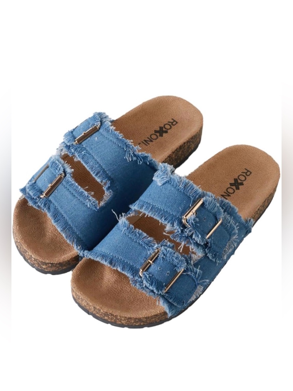 Cute Denim Double-Buckle Slide Sandals in Light Blue